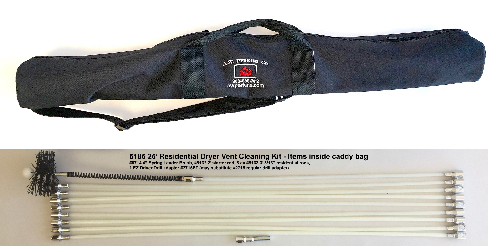 5185 25' Residential Rotary Brush Dryer Vent Cleaning Kit w/Nylon Caddy